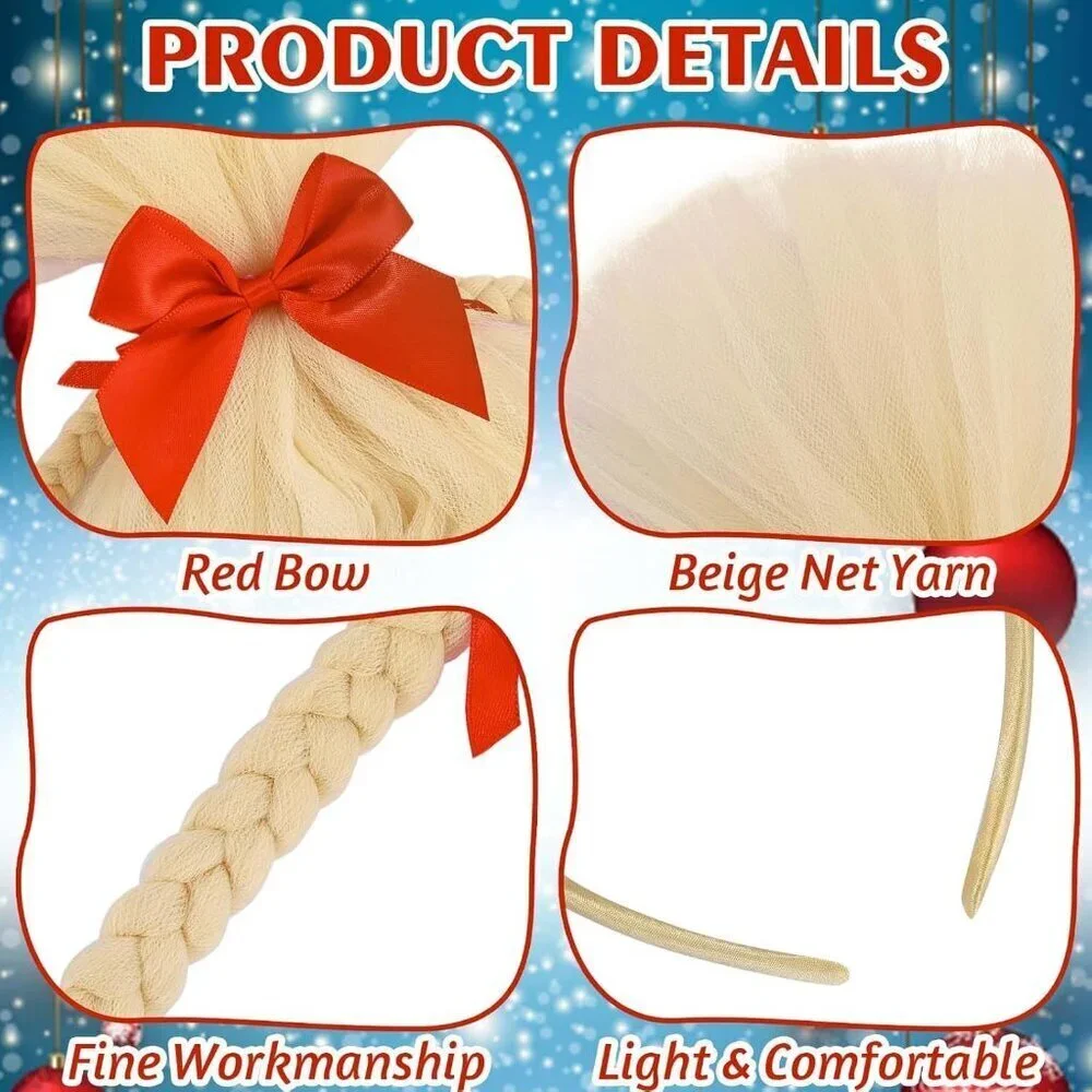2 Pcs Christmas Headbands Blonde Pigtails with Red Bows for Holiday Party